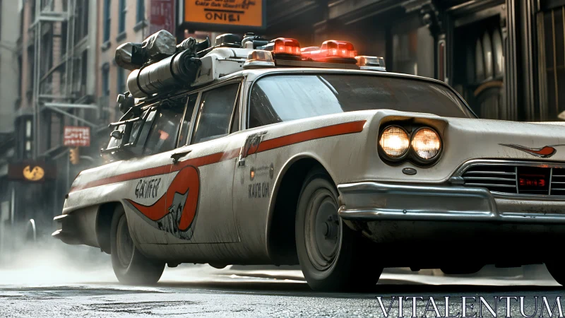 Retro ghost-chasing car speeds through misty city street.