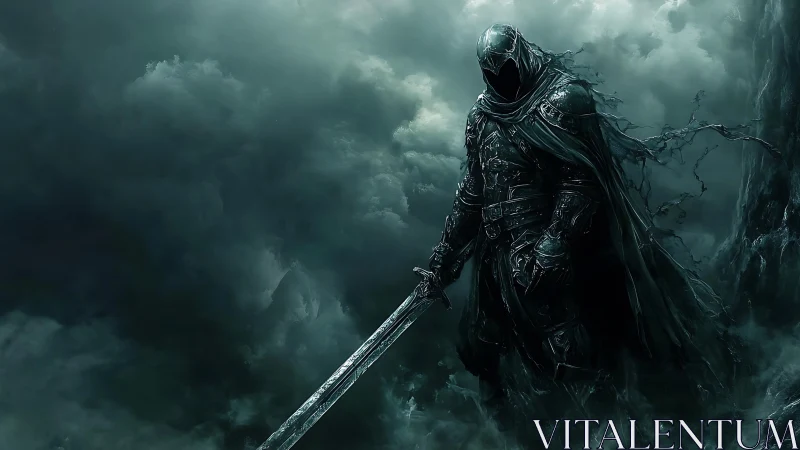 Dark armored wraith knight stalks stormlit abyssal cliff