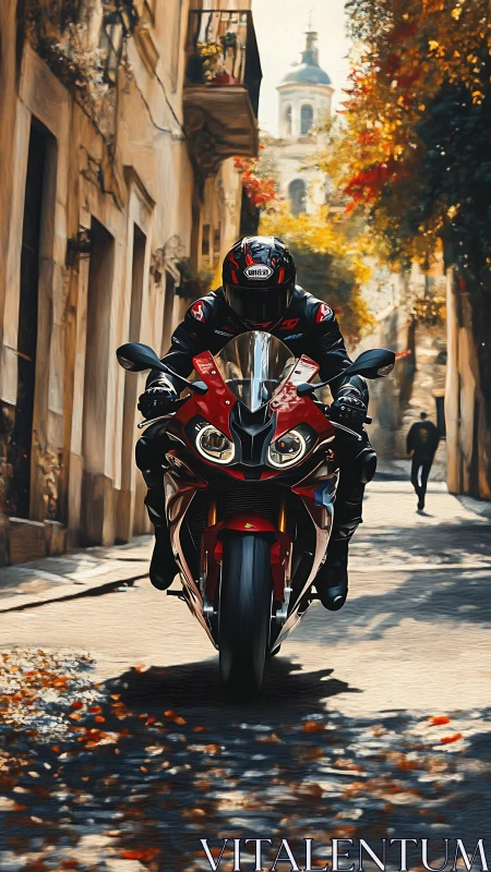 Motorcyclist rides sportbike through narrow sunlit street