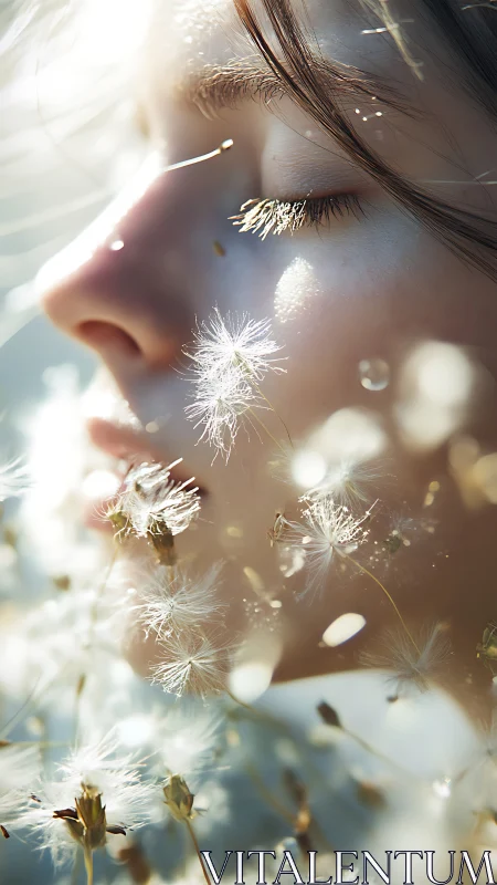 Macro closeup of serene face with sunlit dandelion seeds