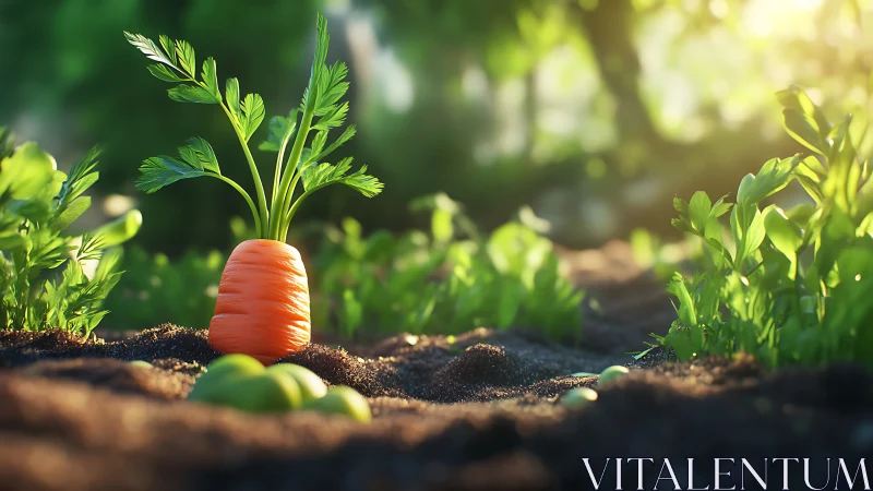 Carrot plant emerges from soil in brightly lit garden