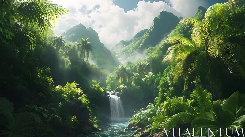 Lush tropical waterfall valley under misty mountain light.