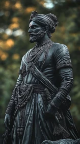 Regal warrior statue in traditional dress outdoors.