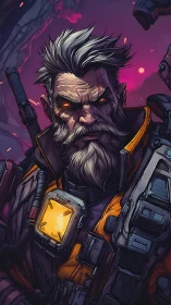 Battle-hardened space mercenary glares through neon storm.
