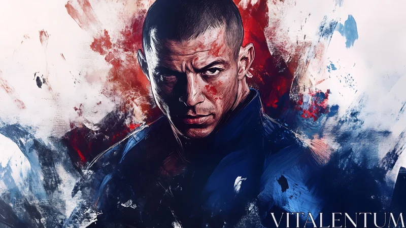 Digital portrait of stern man amid red and blue paint.