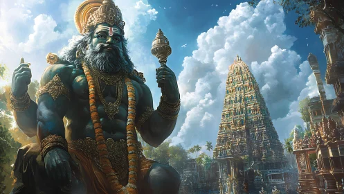 Sky-robed temple titan blessing a sunlit mythic city.