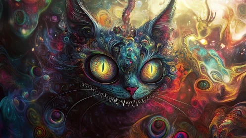Cosmic dream cat gazes out with bright, swirling wonder