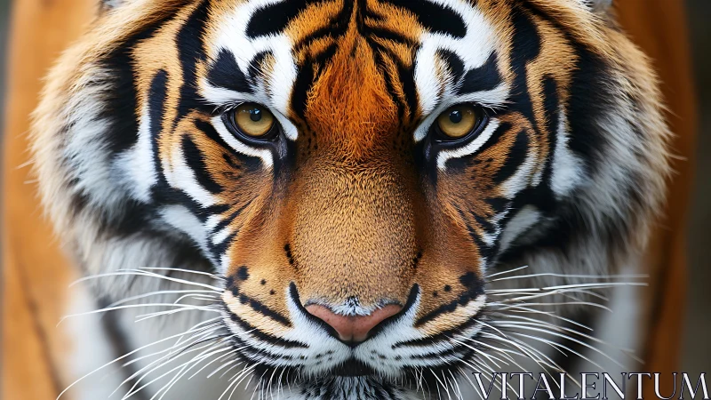 Amber-eyed tiger stares down the viewer in silent wildfire.