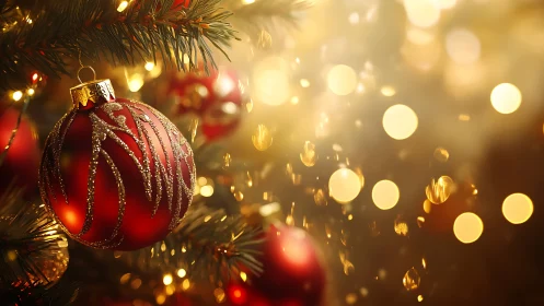 Red ornament hangs on illuminated evergreen branch
