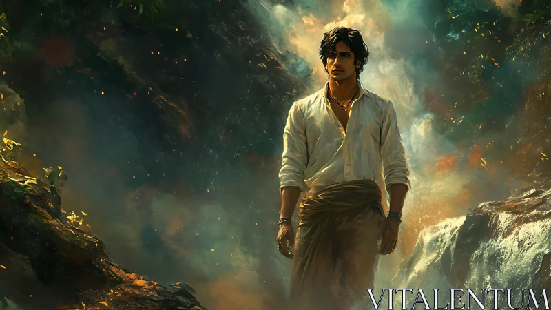 Solitary wanderer in misty rainforest gorge, cinematic lighting