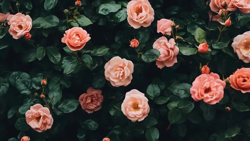Coral roses with green foliage in dense garden arrangement