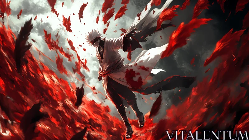 Stormborn warrior strides through a blazing red tempest sky