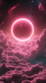 Luminous neon ring hovers above volumetric pink storm clouds