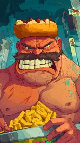 Hyper-saturated muscular caricature with food-based absurd headgear