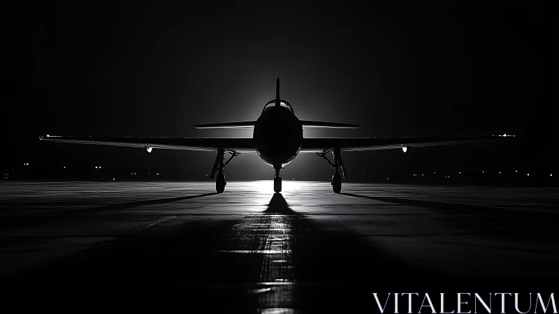 Midnight jet poised on a quiet, glimmering runway.