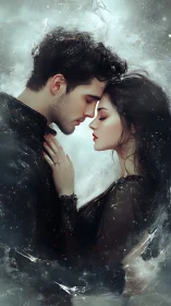 Intimate Moment in Snow: Digital Romance Rendered Through Ethereal Atmospherics.