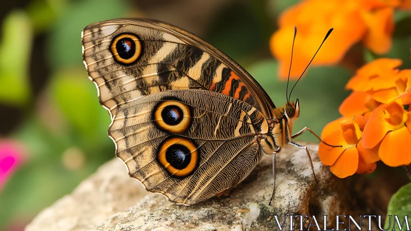 Delicate butterfly pauses on bright orange garden blooms