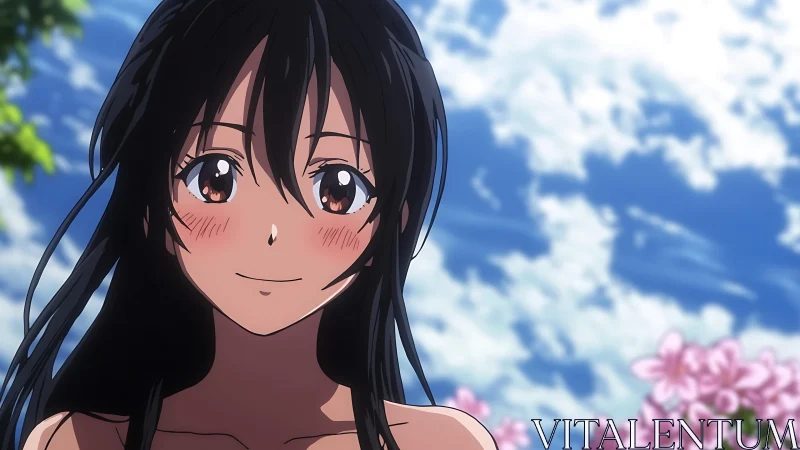 Smiling anime girl under bright sky with soft floral bokeh.