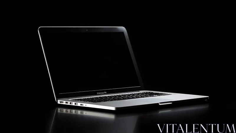 Silver laptop computer on glossy black studio surface.