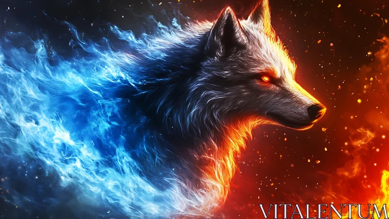 Elemental wolf spirit forged from fire and ice flames.