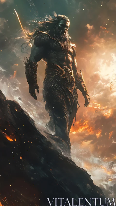 Armored mythic warrior standing over burning shoreline.