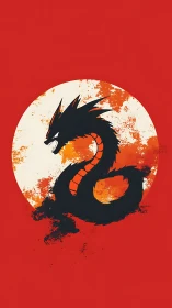 Ferocious black dragon silhouette over grunge sun circle.