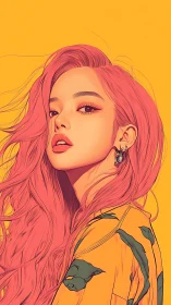 Digital portrait depicts stylized woman with long pink hair