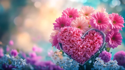Pink Gerbera Daisies with Heart-Shaped Wire Frame Structure.