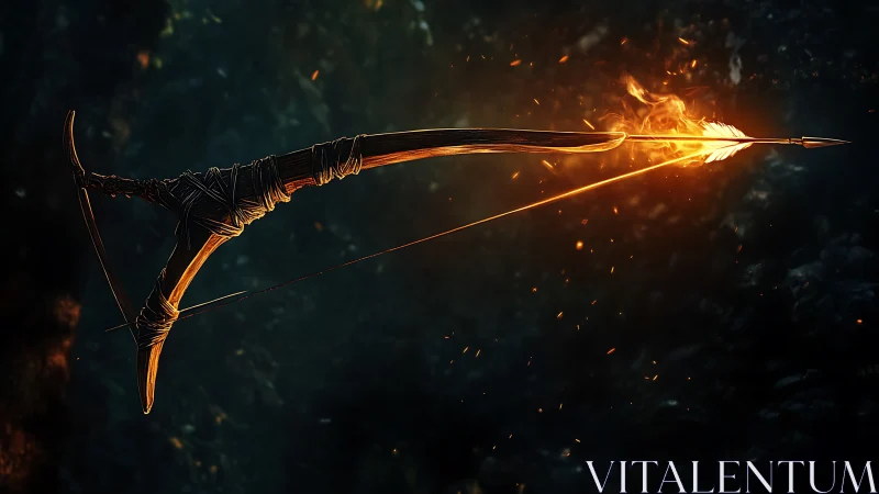 Primitive wooden bow looses single blazing arrow in darkness