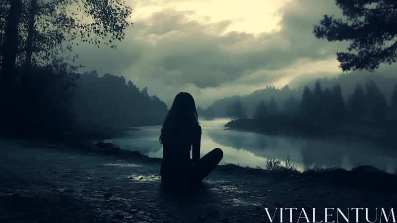 Silhouetted figure by misty riverside under overcast sky.