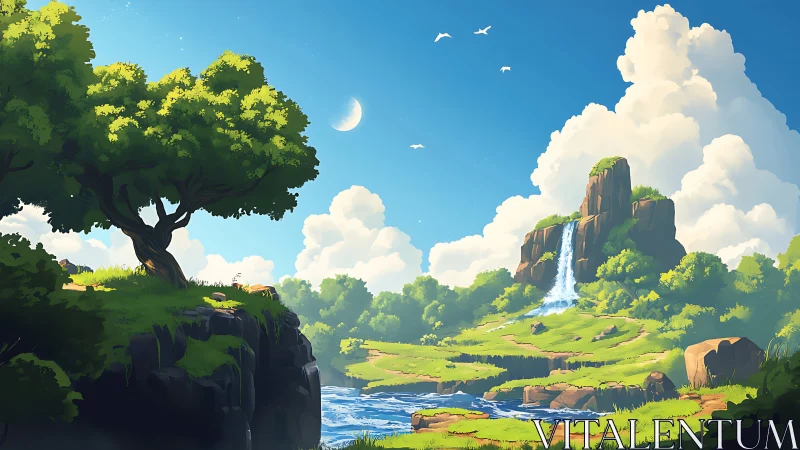 Fantasy landscape with cascading waterfall and towering rock formation