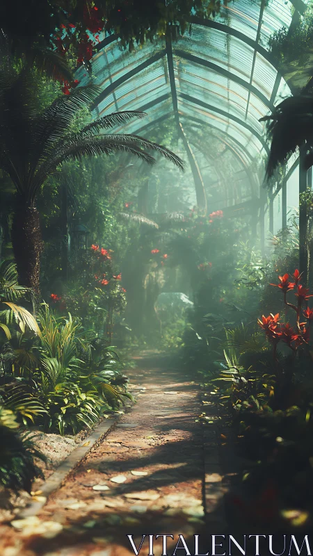 Glasshouse walkway with dense tropical foliage under mist.