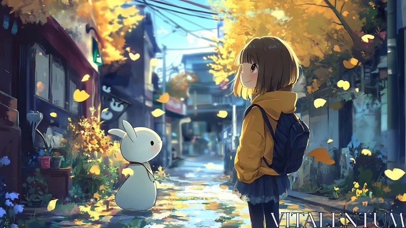 Girl and white bunny on quiet autumn city street.