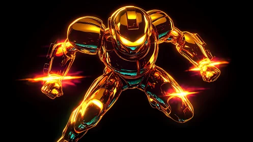 Glowing cyber hero leaping forward in a blaze of light.