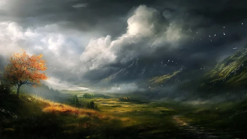 Stormlit valley and lone autumn tree welcoming the light.