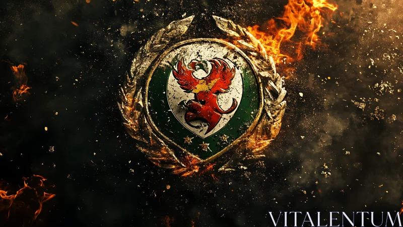 Fiery phoenix crest burns within ornate golden laurel frame