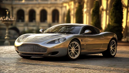 Silver grand tourer reflects warm courtyard sunset light.