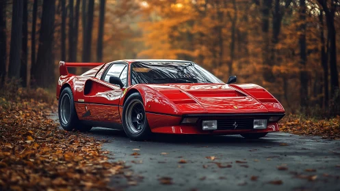 Crimson sports car waits calmly on a quiet autumn forest road