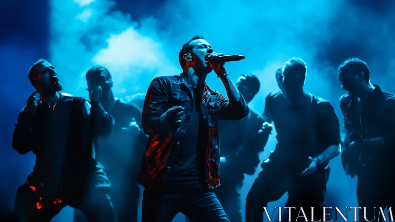 Lead vocalist sings onstage surrounded by band silhouettes