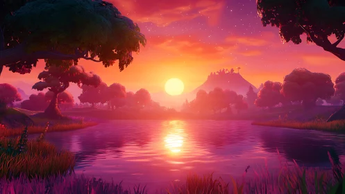 Vibrant cartoon sunset bathes a tranquil lake in neon glow