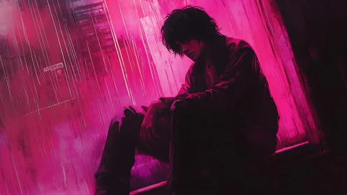 Solitary figure rests in neon pink rain, lost in reflection
