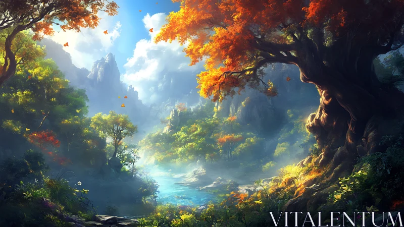 Enchanted river valley glows beneath vivid autumn canopy