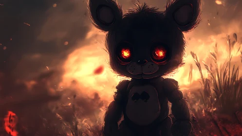 Ember eyed toy bear quietly watches the burning horizon