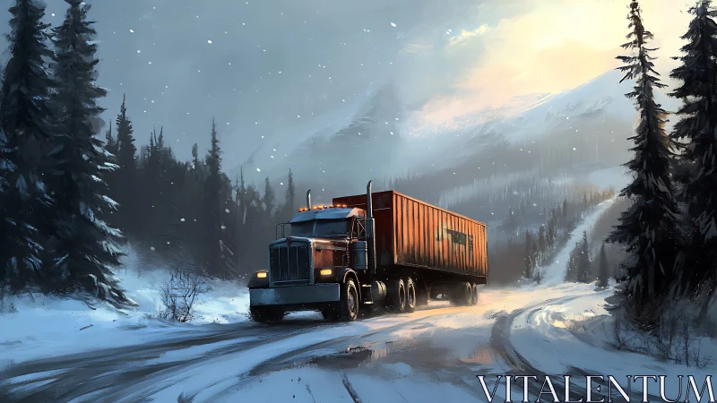 Snowbound freight truck climbing icy forest mountain road.