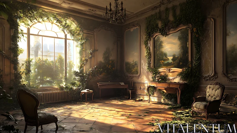 Sunlit abandoned salon overgrown with ivy and vintage decor.