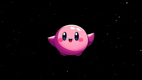 Pink spherical mascot character floating in stylized deep space