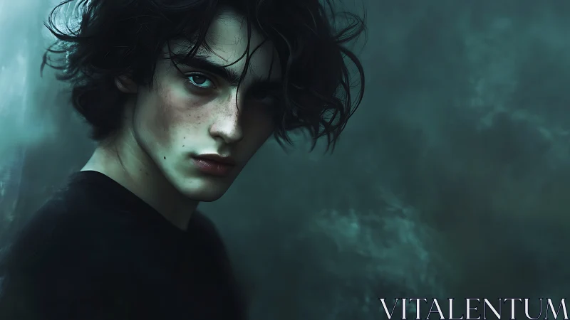 Storm-eyed wanderer pauses beneath a swirling teal hush