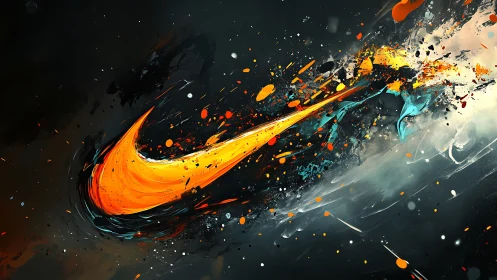 Orange swoosh logo amid dynamic paint splashes on black.