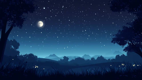 Moonlit landscape with nocturnal atmospheric depth and stellar elements