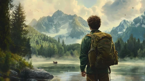 Hiker observes alpine lake with forest and snow-covered peaks